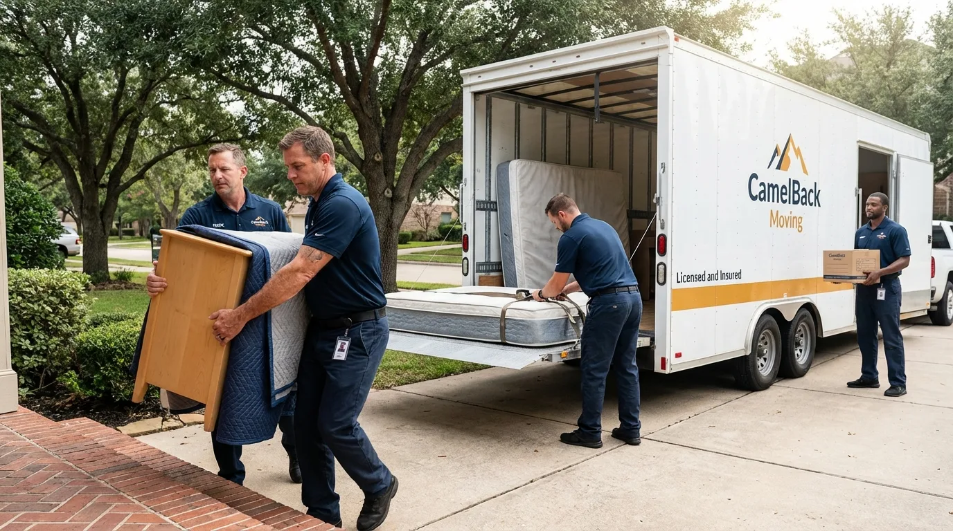 Crew loading residential truck for cross-state move from Orange, CA