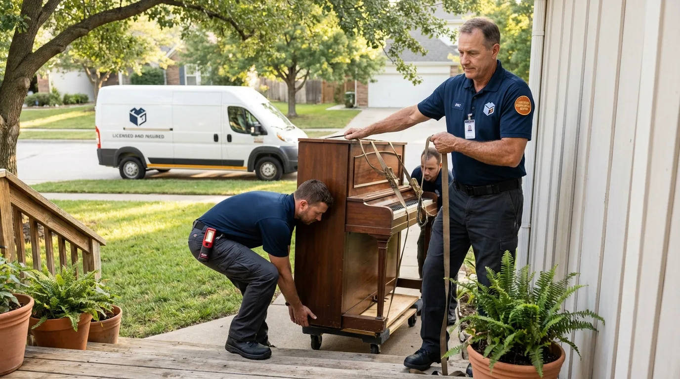 Licensed piano movers securing grand piano in Orange, CA