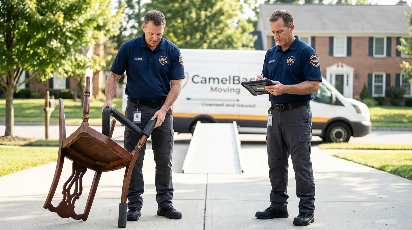 Movers inspecting furniture for damage prevention before loading in Orange, CA