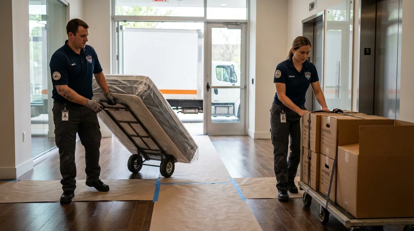 Professional apartment movers loading elevator in Orange, CA